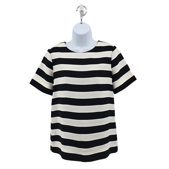 Banana Republic Black White Stripe Crepe Blouse Womens XS Short Sleeve Crew Neck - Picture 2 of 6